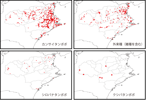 図２．予備調査で得られた徳島県のタンポポの分布